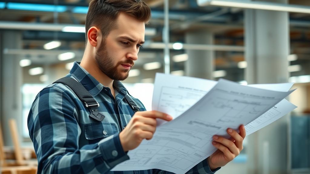 Professional plumber reviewing blueprints at commercial building site emphasizing business differentiation in plumbing industry trends