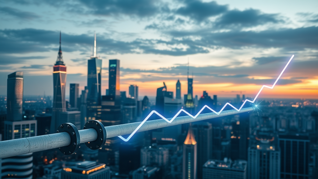 Plumbing industry growth trend graph overlay on city skyline showing positive plumbing industry trends