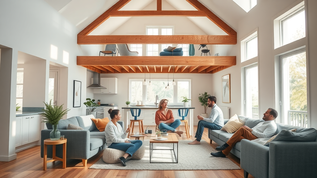 Modern spacious living room with underfloor heating upstairs on joisted floors, people relaxing, enjoying comfort. Timber joists shown beneath upper floor cutaway; bright home with wood floor texture.