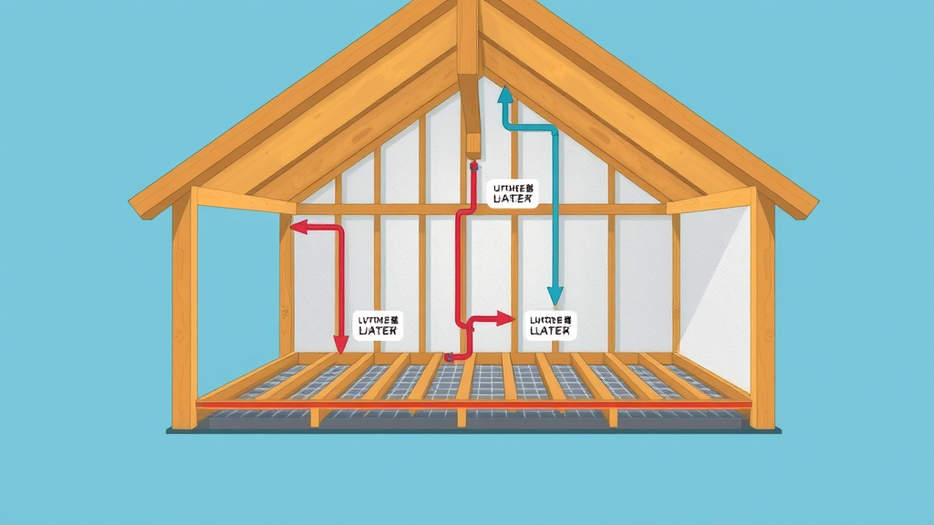 Technical diagram of underfloor heating upstairs between timber joists—shows cutaway of suspended floor, heating pipes, spreader plates, and upper floor layers with animated arrows indicating heat flow.