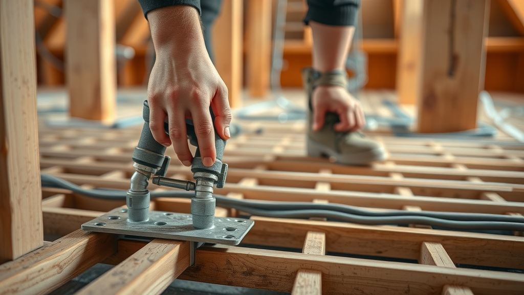 Professional installing underfloor heating pipework over spreader plates between timber joists upstairs; renovation tools and exposed heating system visible.