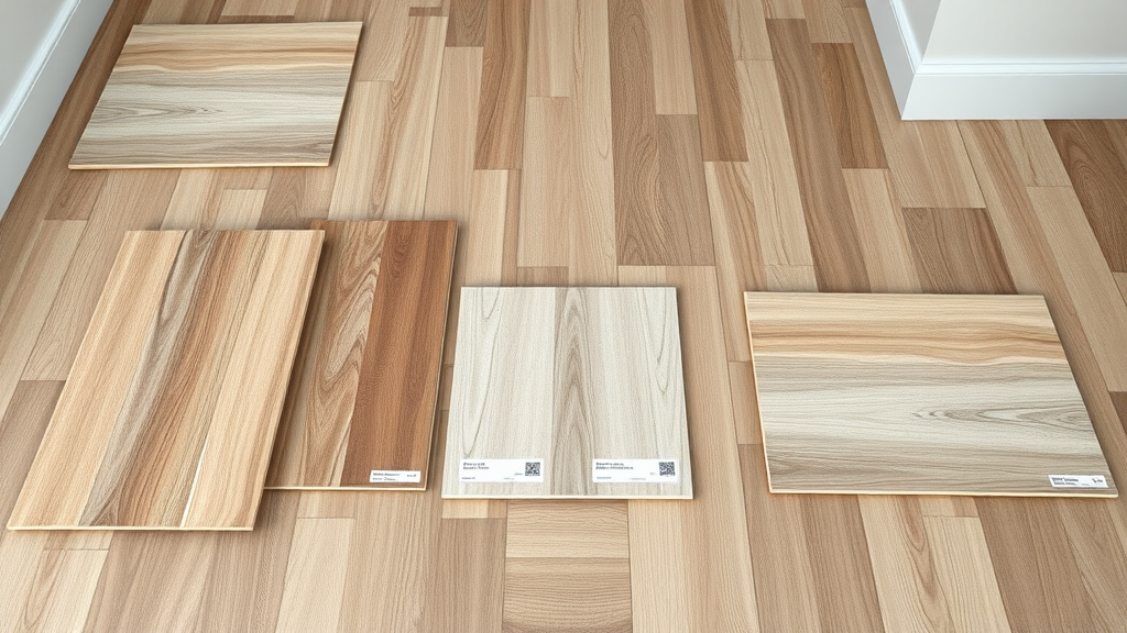 Selection of engineered wood, laminate, and tile flooring materials beside underfloor heating sample—modern timber upper floor background, subtle material differences visible.