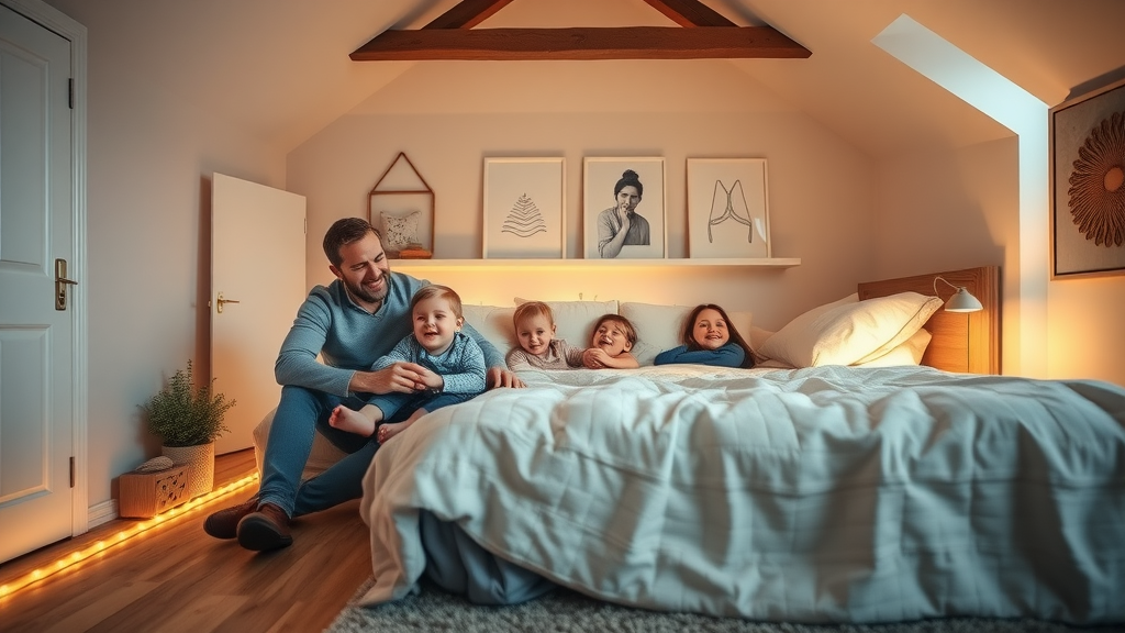 Beautifully finished upstairs bedroom with underfloor heating, family enjoying warmth, cozy décor and subtle glow on wooden floor.