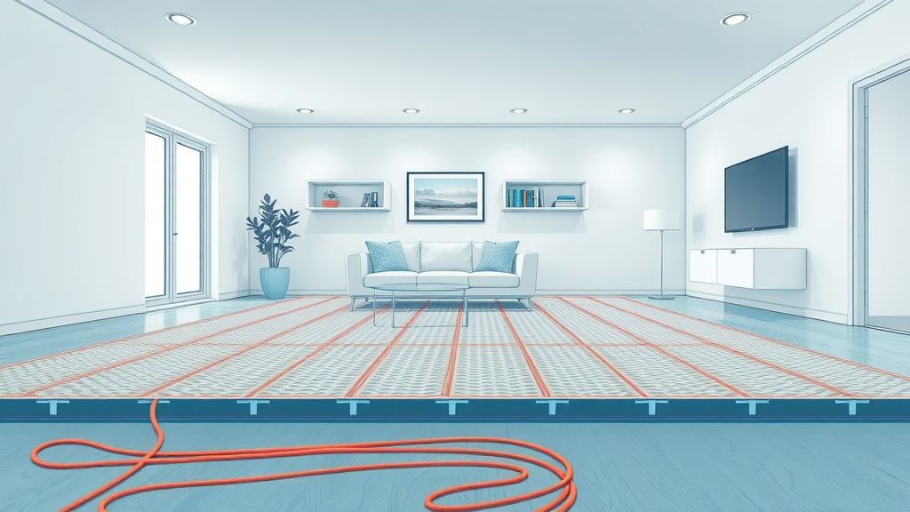 modern electric underfloor heating system illustration with heating cable beneath floor surface, underfloor heating system, cross-sectional cutaway