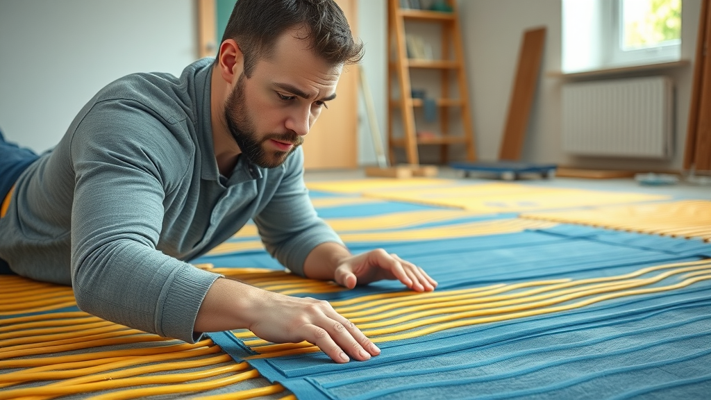 skilled installer fitting electric underfloor heating mat in a renovated home, underfloor heating mats installation, retrofit