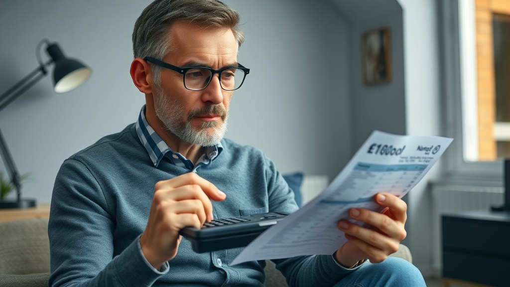 homeowner studying electric underfloor heating costs with calculator and energy bill, underfloor heating system running costs