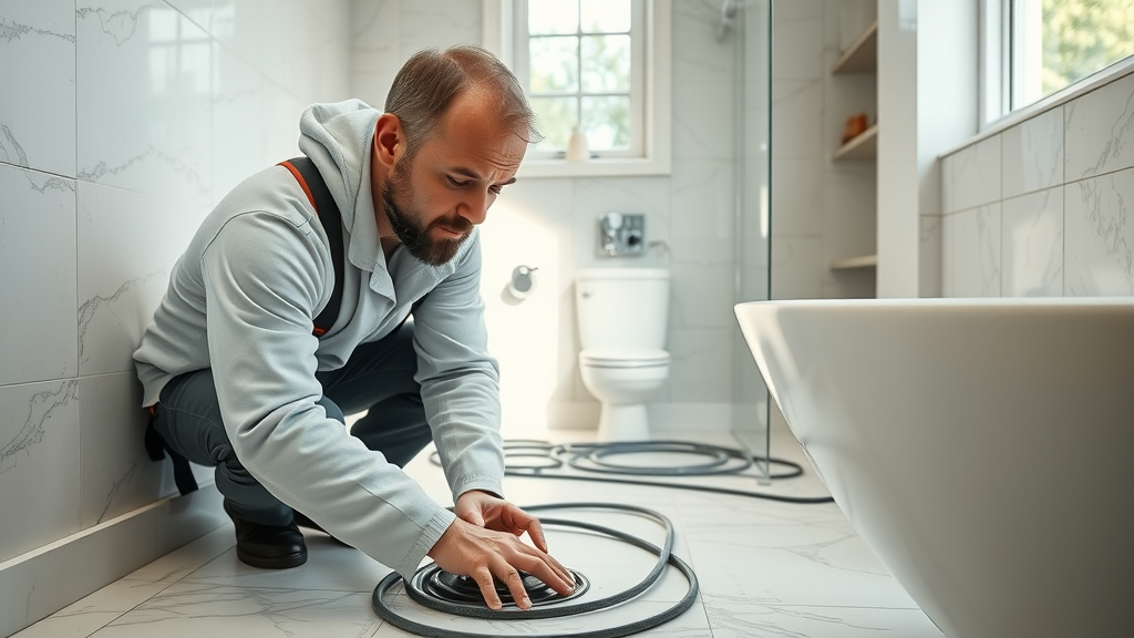 technician inspecting underfloor heating system durability beneath bathroom tiles, underfloor heating cable, longevity check