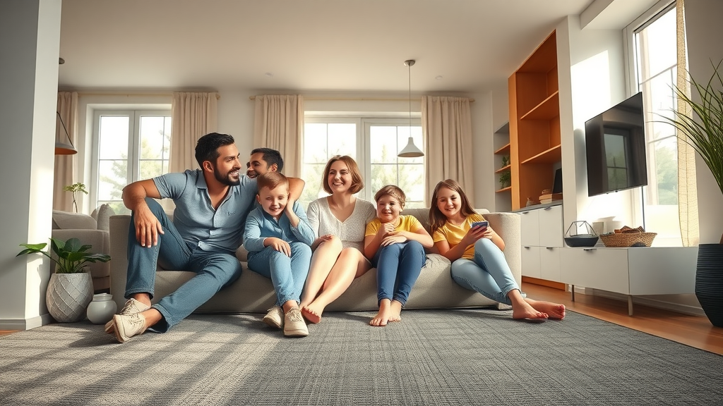 Family enjoying comfortable floor heating system in a modern home interior. Electric underfloor heating running costs