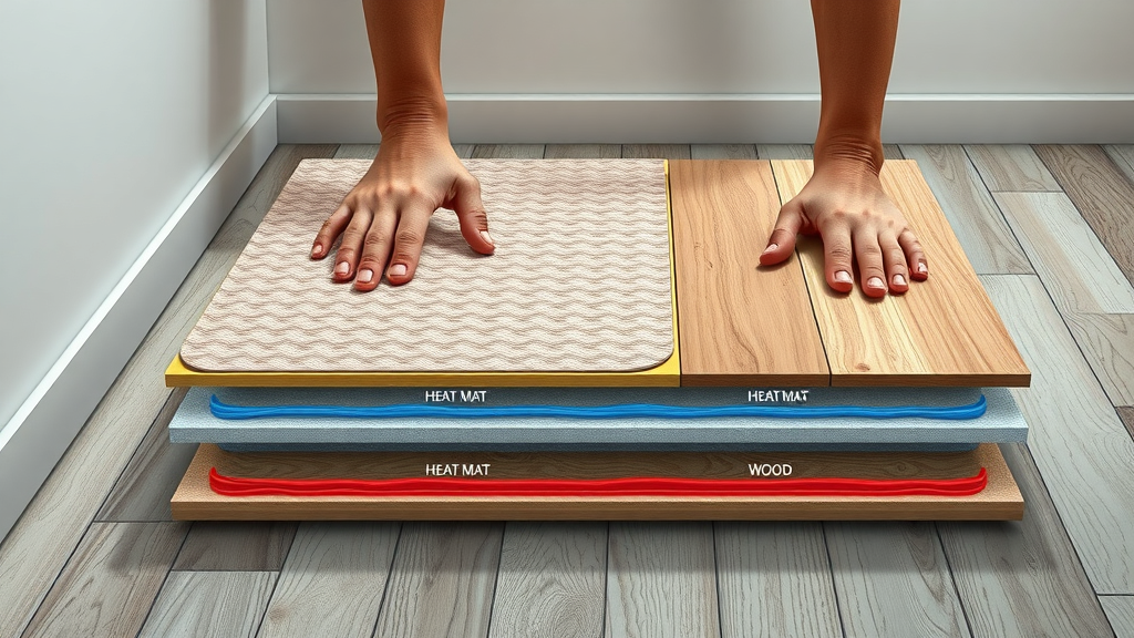 Infographic of heat mat and heating cable systems showing installation under tile and wood floors. Electric underfloor heating system