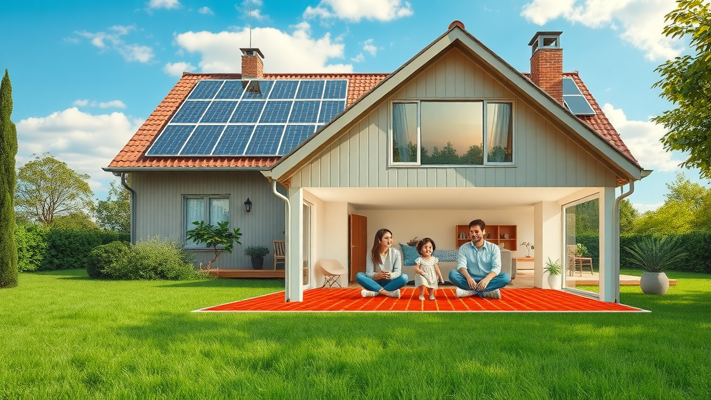Eco-friendly home with solar panels, lush green lawn, and visible electric underfloor heating system. Energy efficiency and running costs