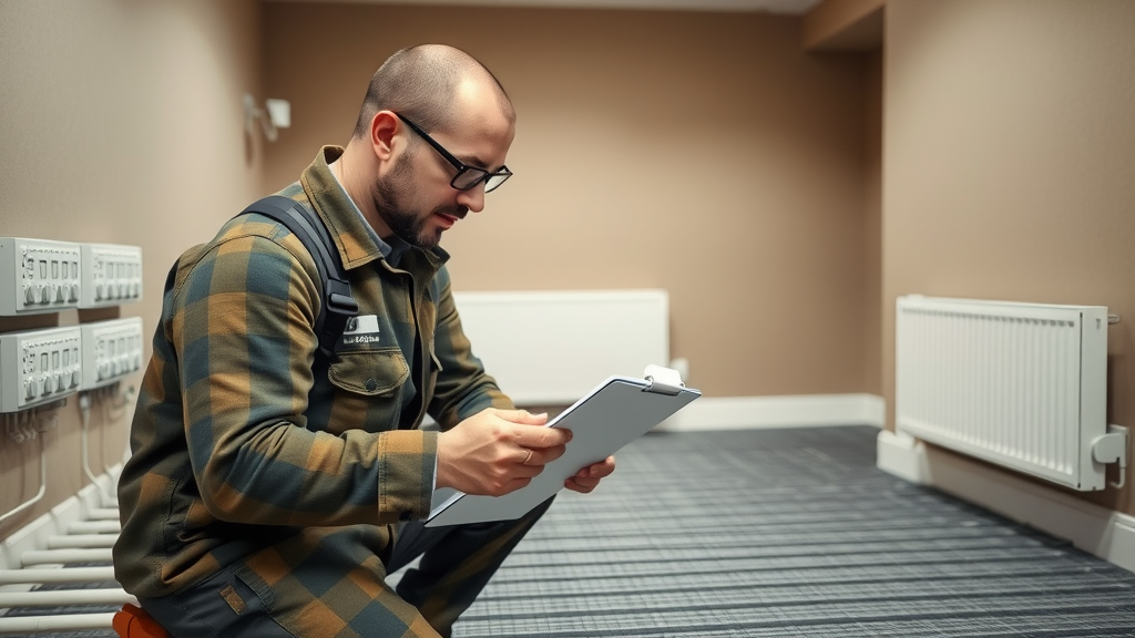 Professional heating specialist inspecting electric underfloor heating system. Installation and running cost expertise
