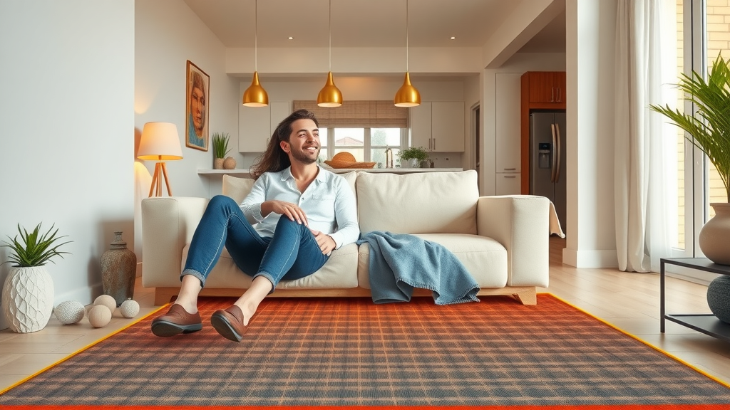Modern stylish home with couple enjoying floor comfort and visible floor heating system. Electric underfloor heating cost efficiency