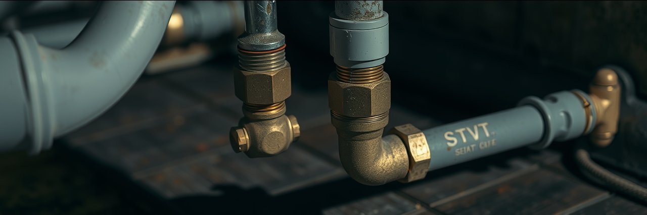 Close-up of toilet repair services plumbing with new brass fittings and pipes.