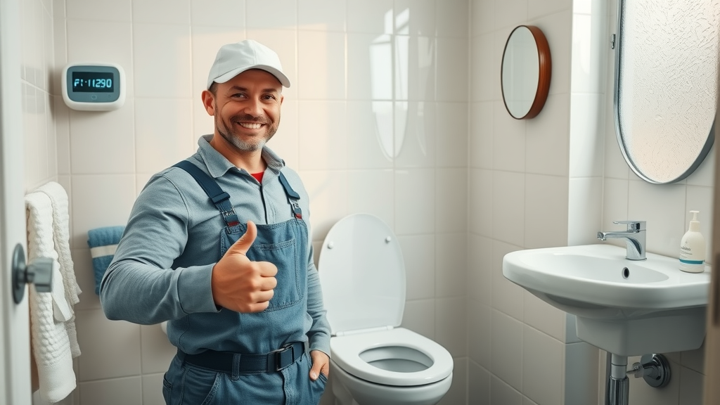Happy plumber after successful toilet repair service saves water and prevents leaks