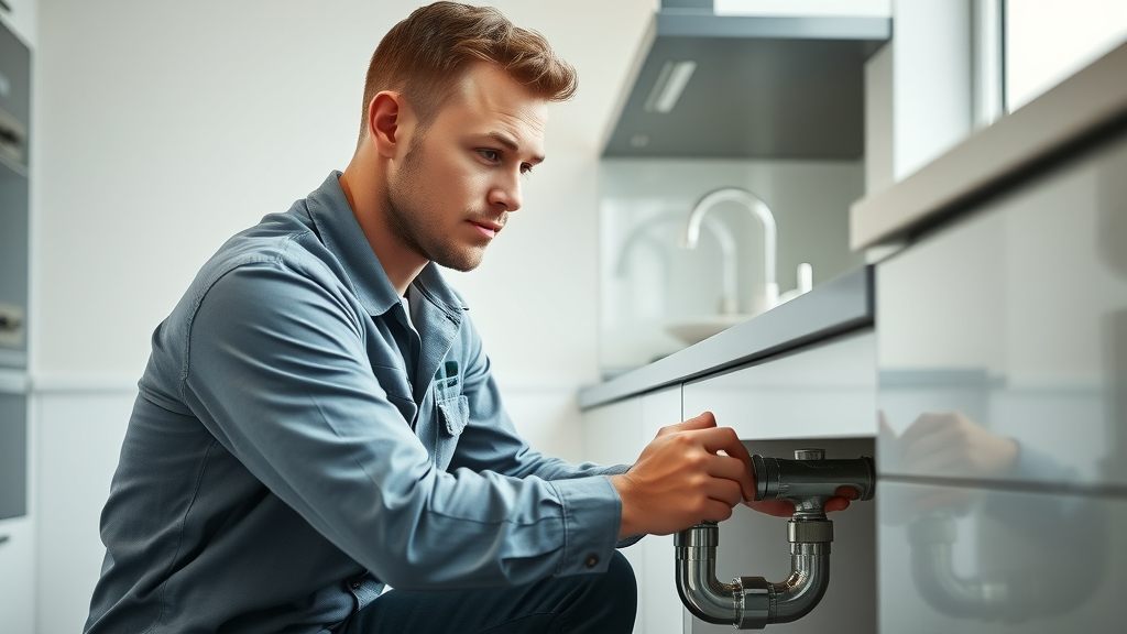 Expert plumber repairing kitchen pipe in Sheffield home, bright modern background