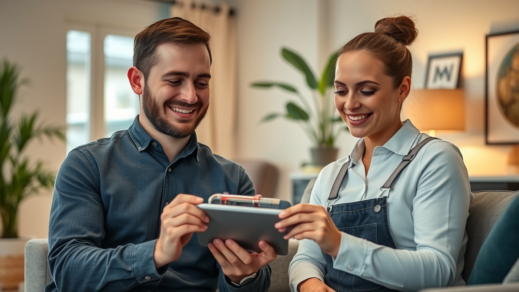Sheffield plumber demonstrating repair process to homeowner with tablet in living room