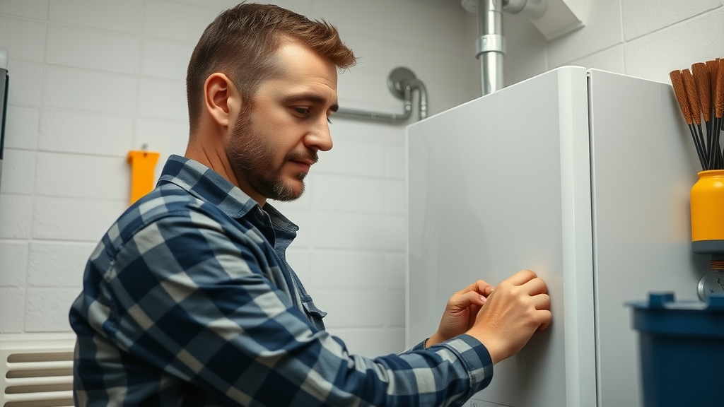 Plumber installing modern boiler in Sheffield utility room, professional and precise