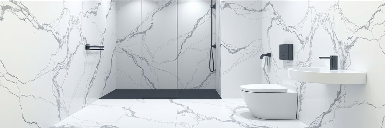 Modern bathroom with marble tiles and black shower after heating system upgrades