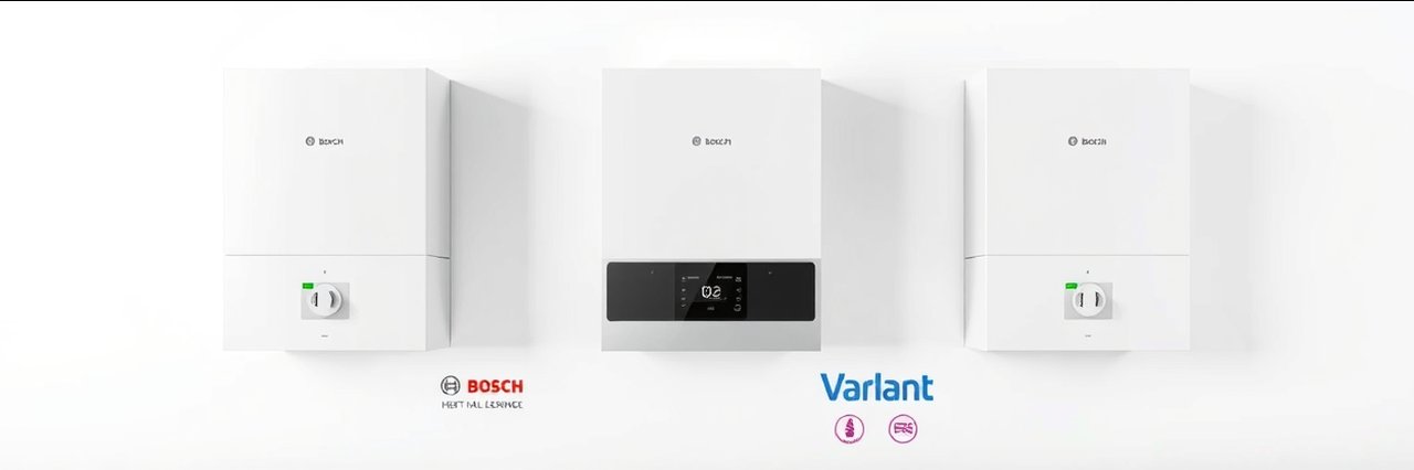 Modern gas boilers with logos and warranty, boiler repairs product collection.