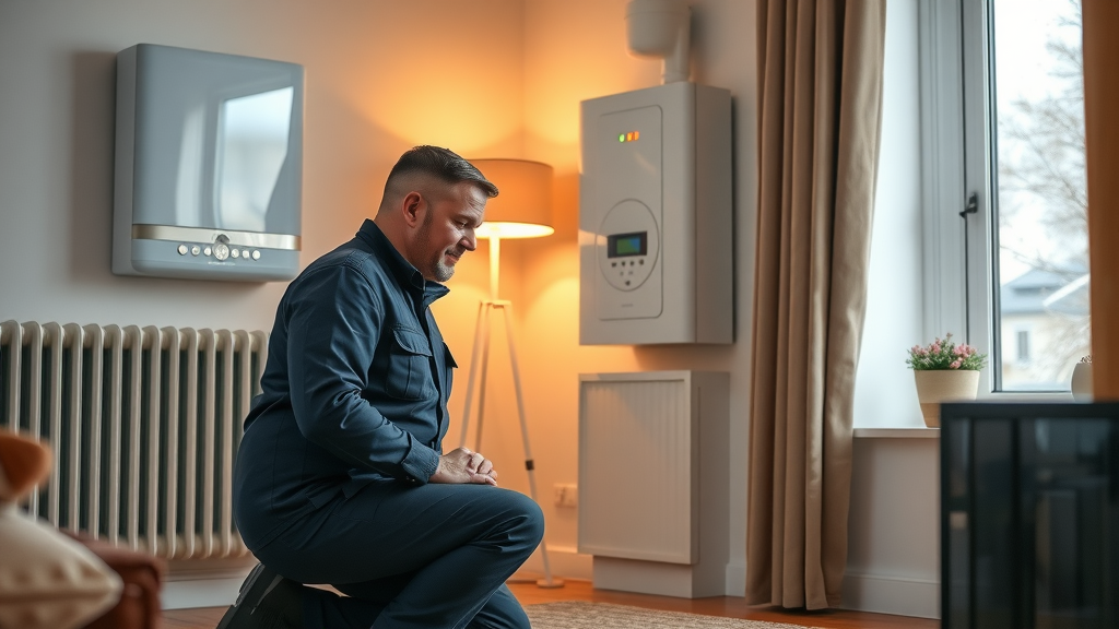 Boiler repairs engineer fixing home radiator for warm winter comfort