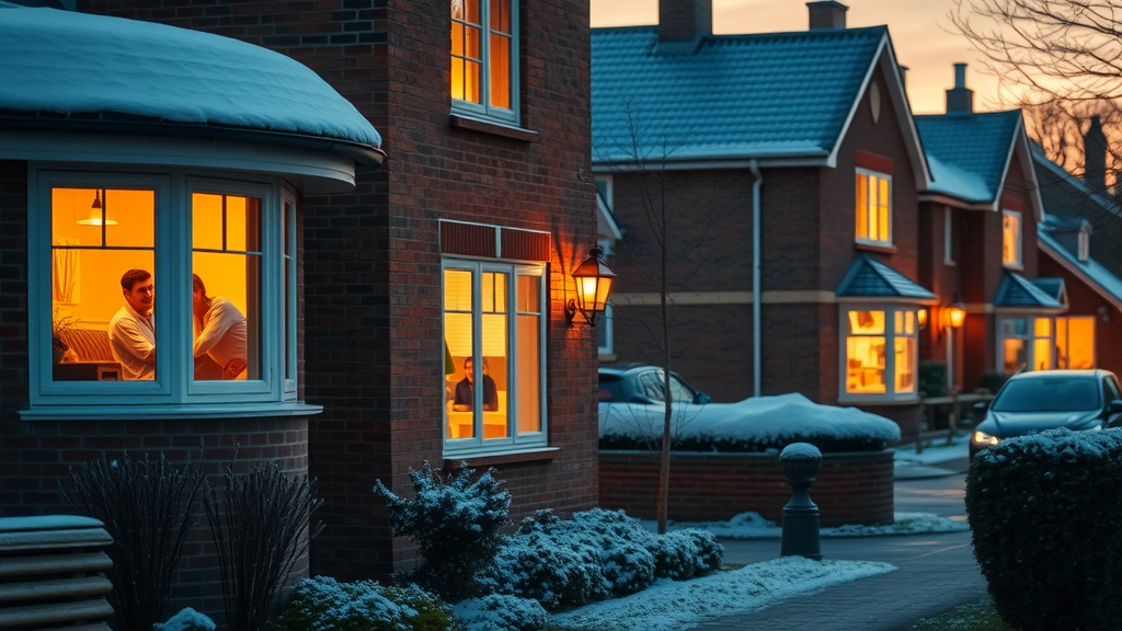 Chesterfield home with glowing lights and safe warm boiler repairs at dusk