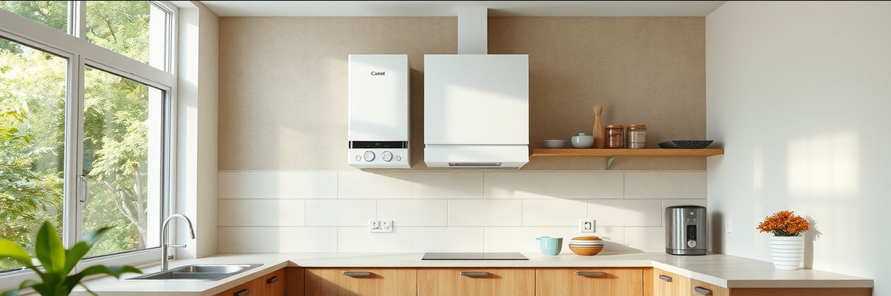 Modern kitchen with wall-mounted boiler, ideal for emergency heating repairs.