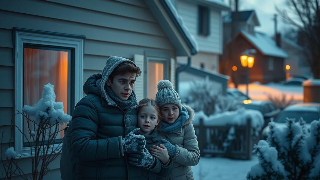 Worried family huddled together in cold home needing emergency heating repairs