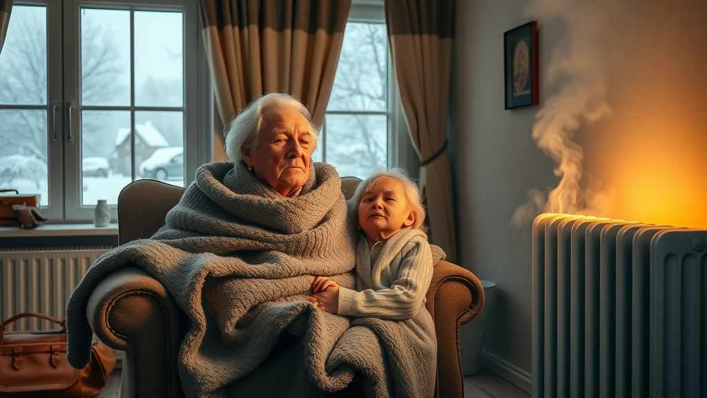 Elderly couple getting warm after emergency heating repairs in their home