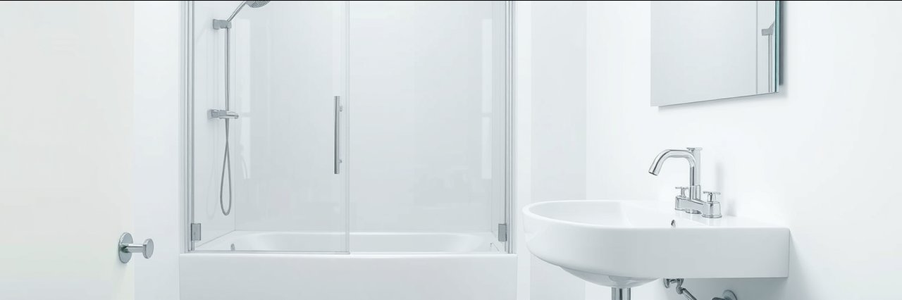Modern bathroom with glass shower and white sink, heating solutions Derbyshire