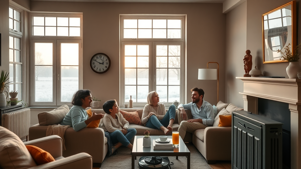 Warm modern Derbyshire home with heating solutions, family relaxes near radiator