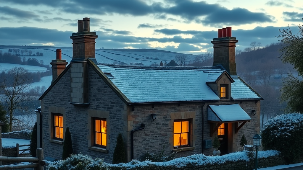Cosy Derbyshire cottage in winter showing reliable heating solutions warmth