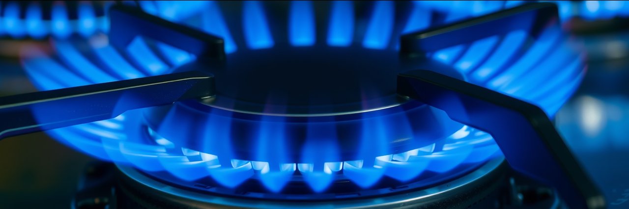 Emergency boiler repair concept with close-up of blue gas flames and modern burner.
