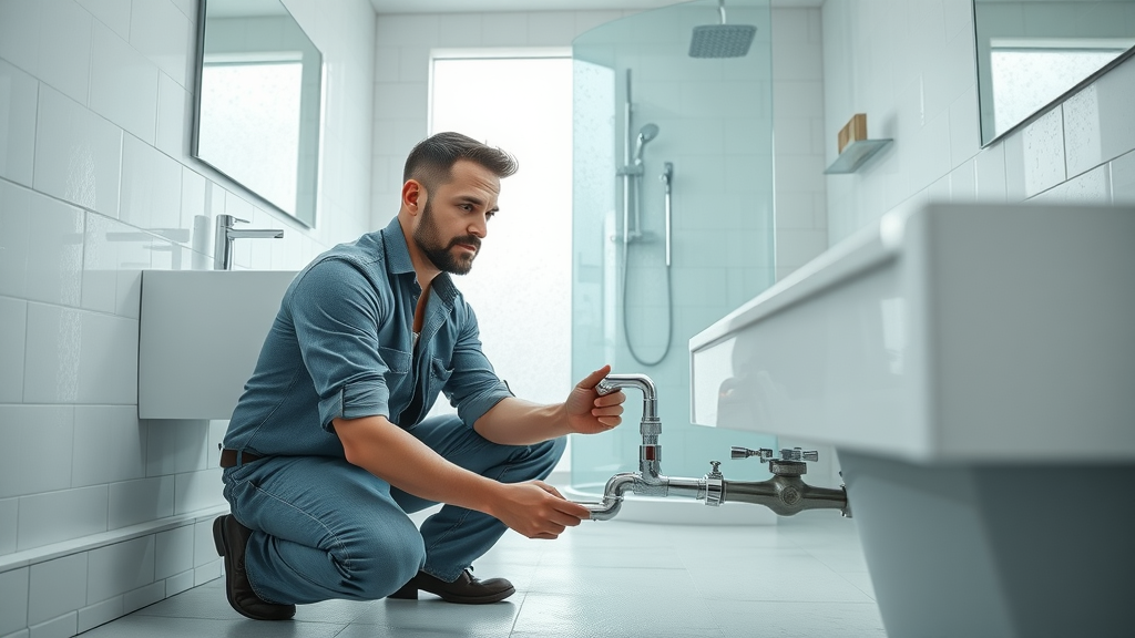Expert plumber repairing bathroom pipes - bathroom plumbing services in modern home