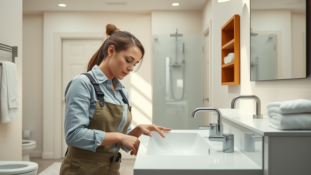 Bathroom plumbing services showing expert checking sink pipes in modern bathroom