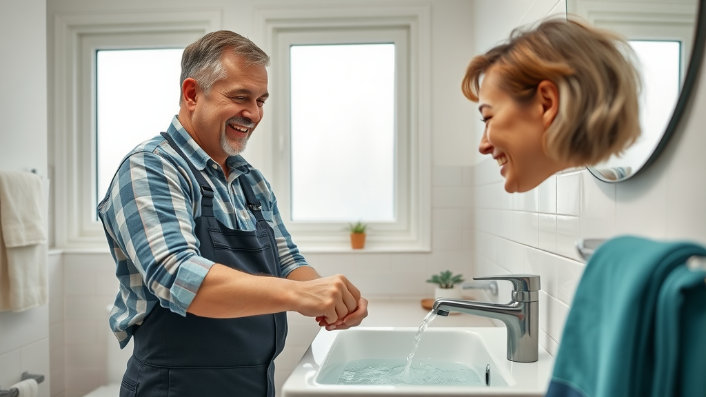 Professional plumber explains leak check process - bathroom plumbing services demo
