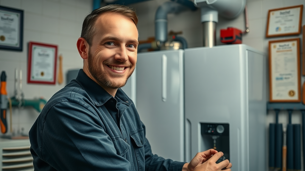 Edward Serrell heating engineer servicing a boiler unit with certificates
