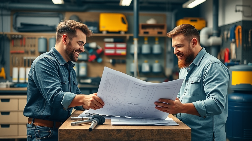 Edward Serrell Plumbing and Heating team discussing project around blueprints