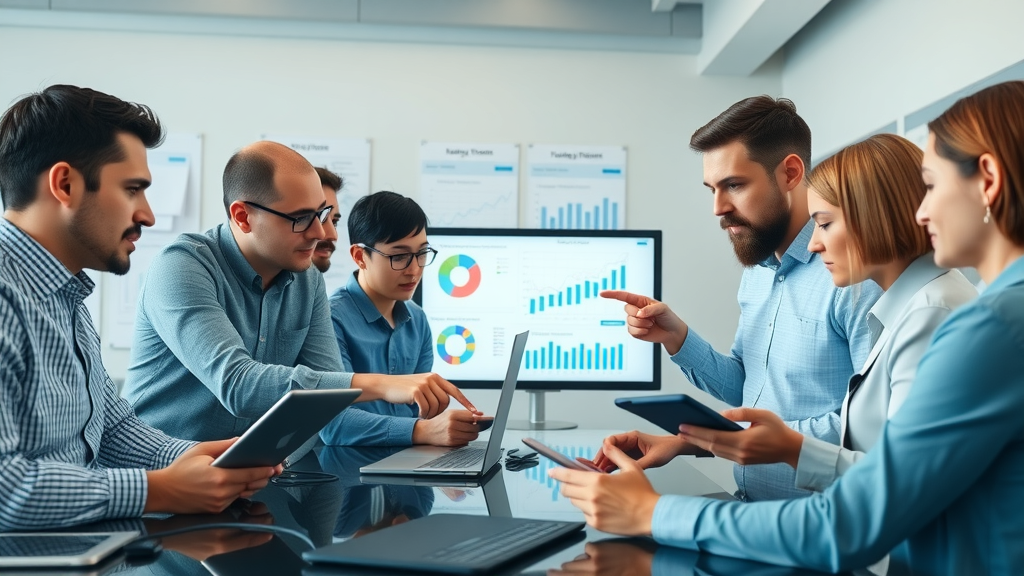 Modern plumbing business team using plumbing business technology analyzing data