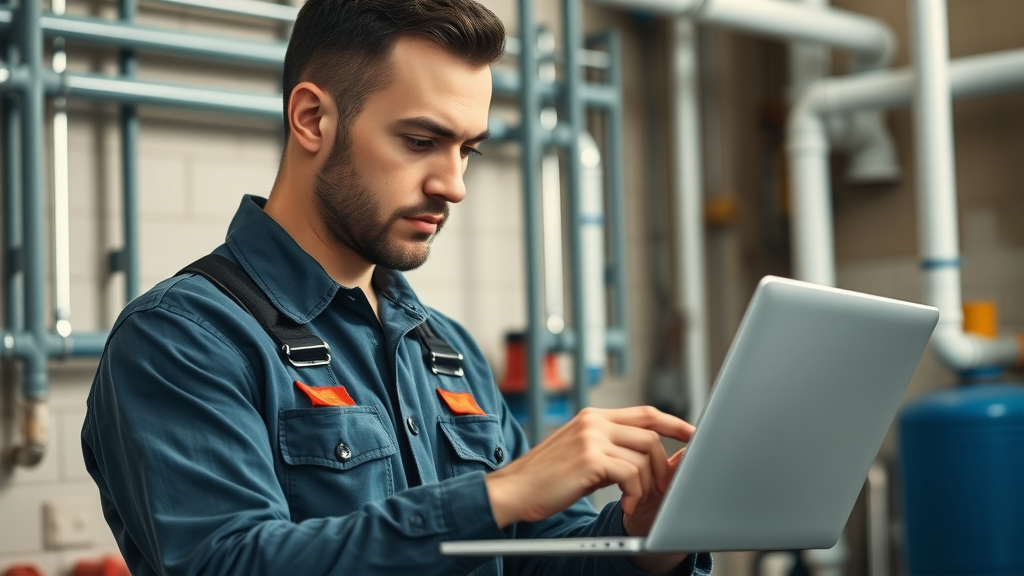 Plumber using laptop and tablet with plumbing business technology software for job cost management