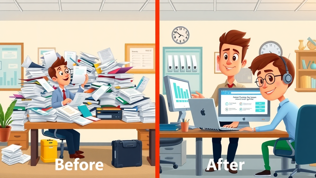 Before and after organization of plumbing business office with software integration