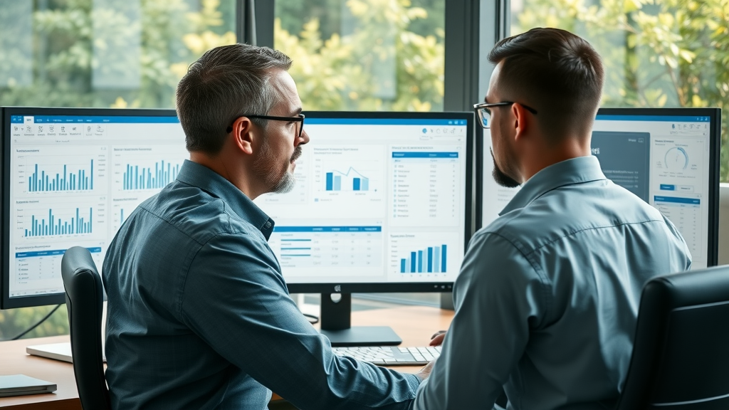 Business owner reviewing various plumbing software options on monitors
