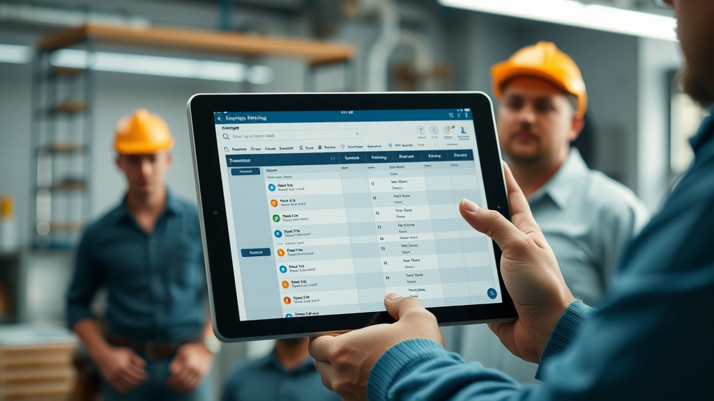 Tablet showing scheduling interface with plumbing team managing operations
