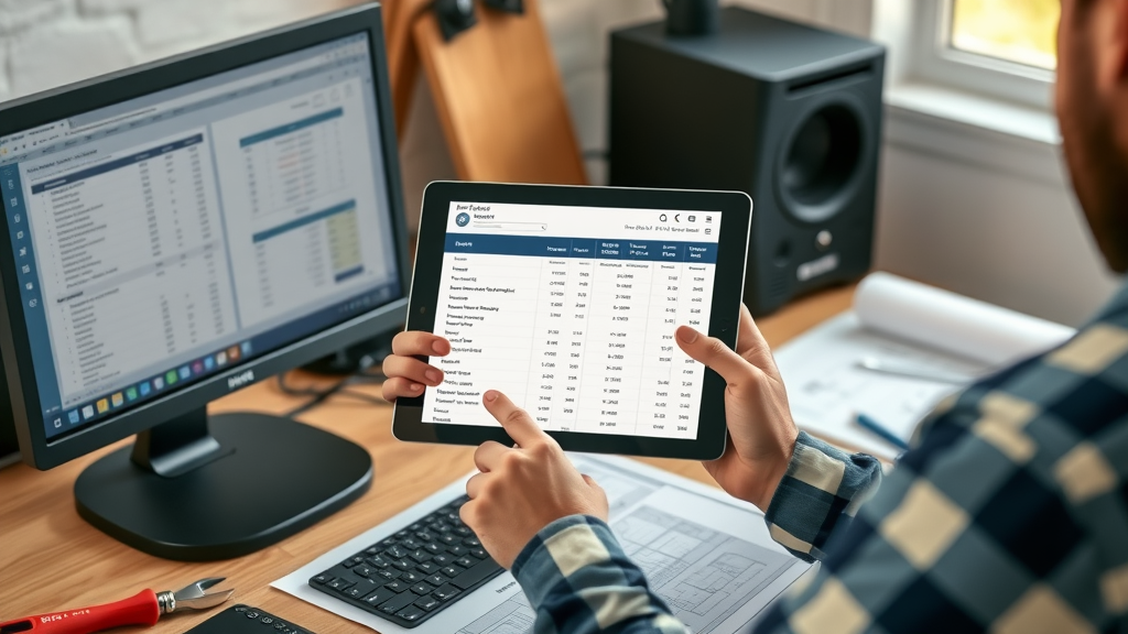 Plumber using plumbing business technology tablet to review cost estimates