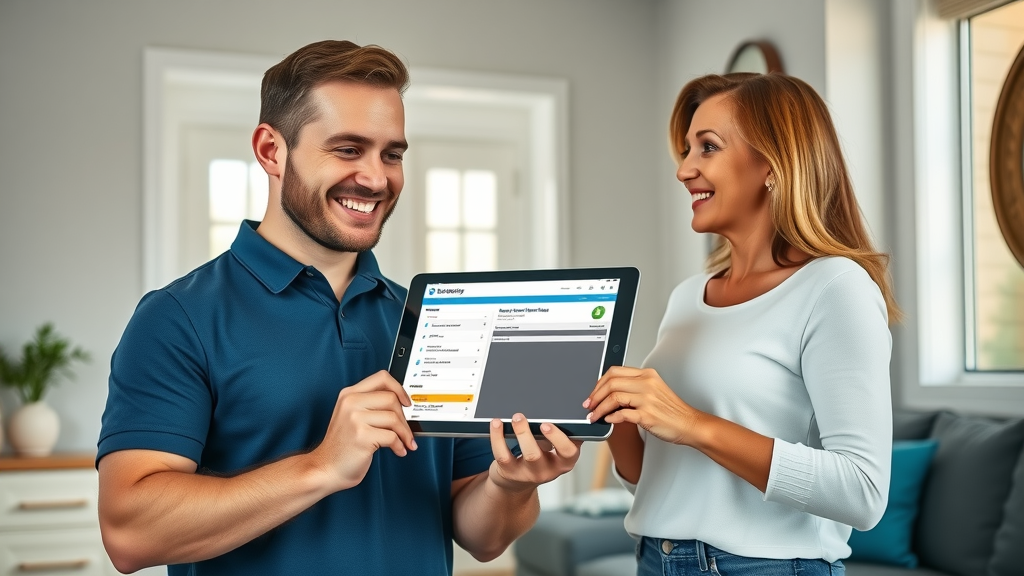 Plumber presenting digital job summary to satisfied customer using plumbing business technology