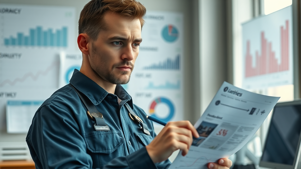 Insightful plumber using plumbing business management strategies reviewing business statistics