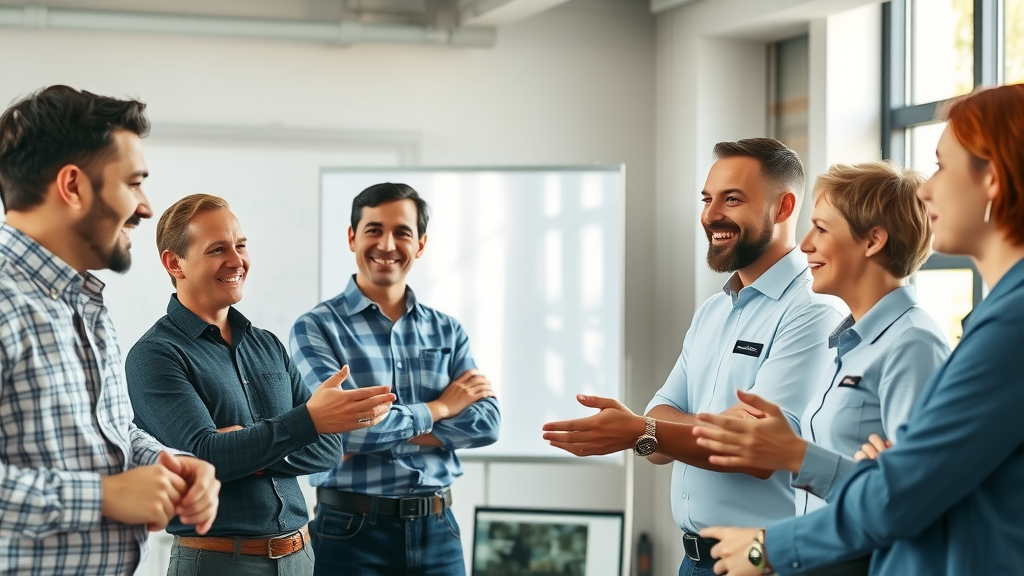 Engaged plumbing team meeting showcasing team culture essential for plumbing business management