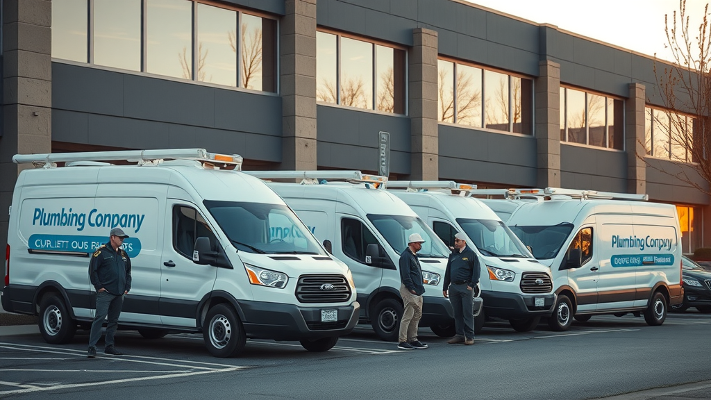 Plumbing company vans ready demonstrating competitive positioning in plumbing business management