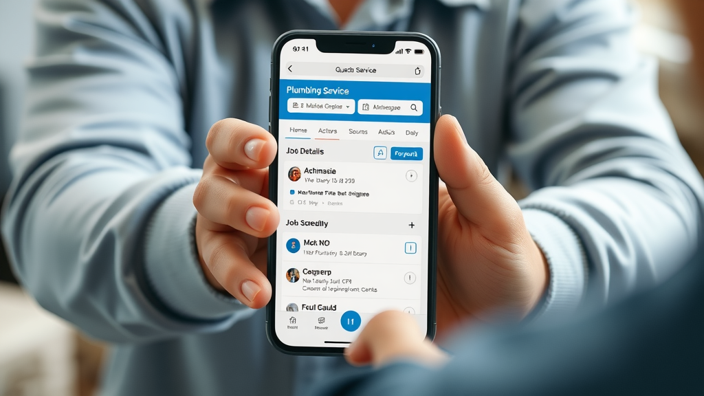 Mobile device showing plumbing business management software for streamlined operations