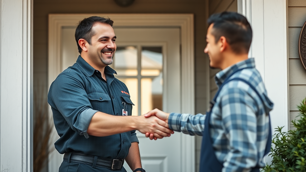 Trustworthy plumber shaking hands with satisfied customer, illustrating integrity in plumbing emergency management