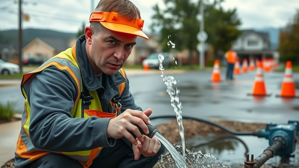 Plumber inspecting water main break with water spraying, showcasing plumbing emergency management procedures